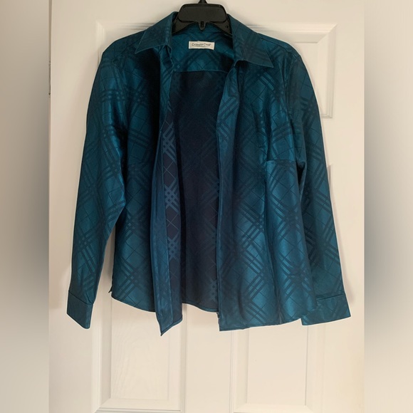Coldwater Creek Teal Blue Geometric Design  Long Sleeve Blouse Zip Top Size XL - Picture 4 of 8